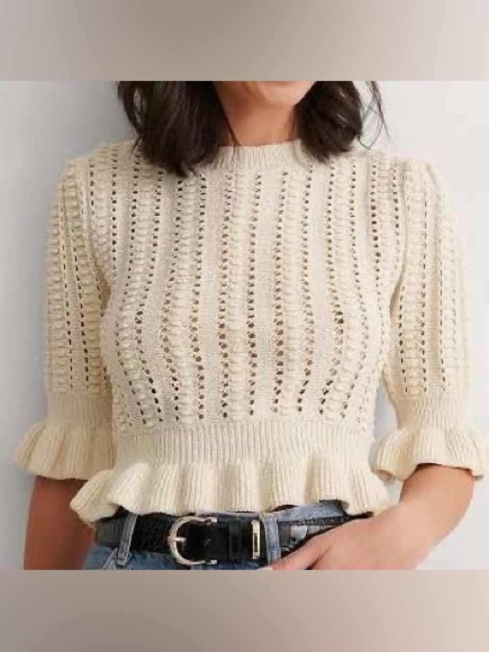 Zara Cream Pointelle Knit Ruffle Crop Top - Size S
